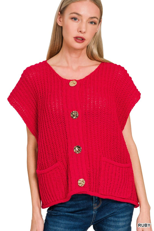 4 Button Sweater Vest- Ruby