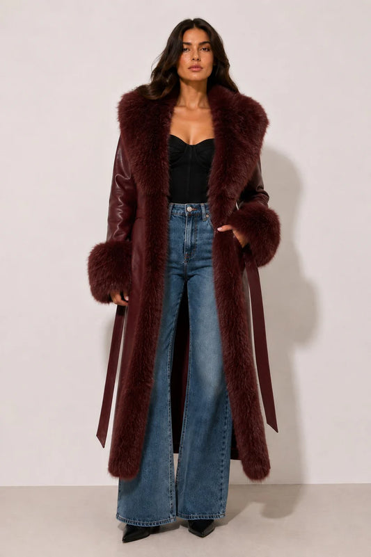 Coalition LA- Long Faux Leather & Fur Trim Coat (Wine)