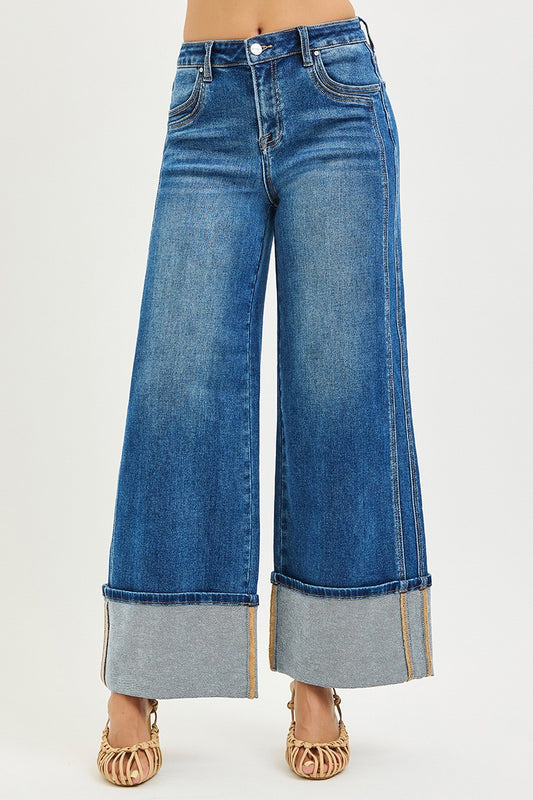 High Rise Wide Leg Cuffed Double Front Pocket