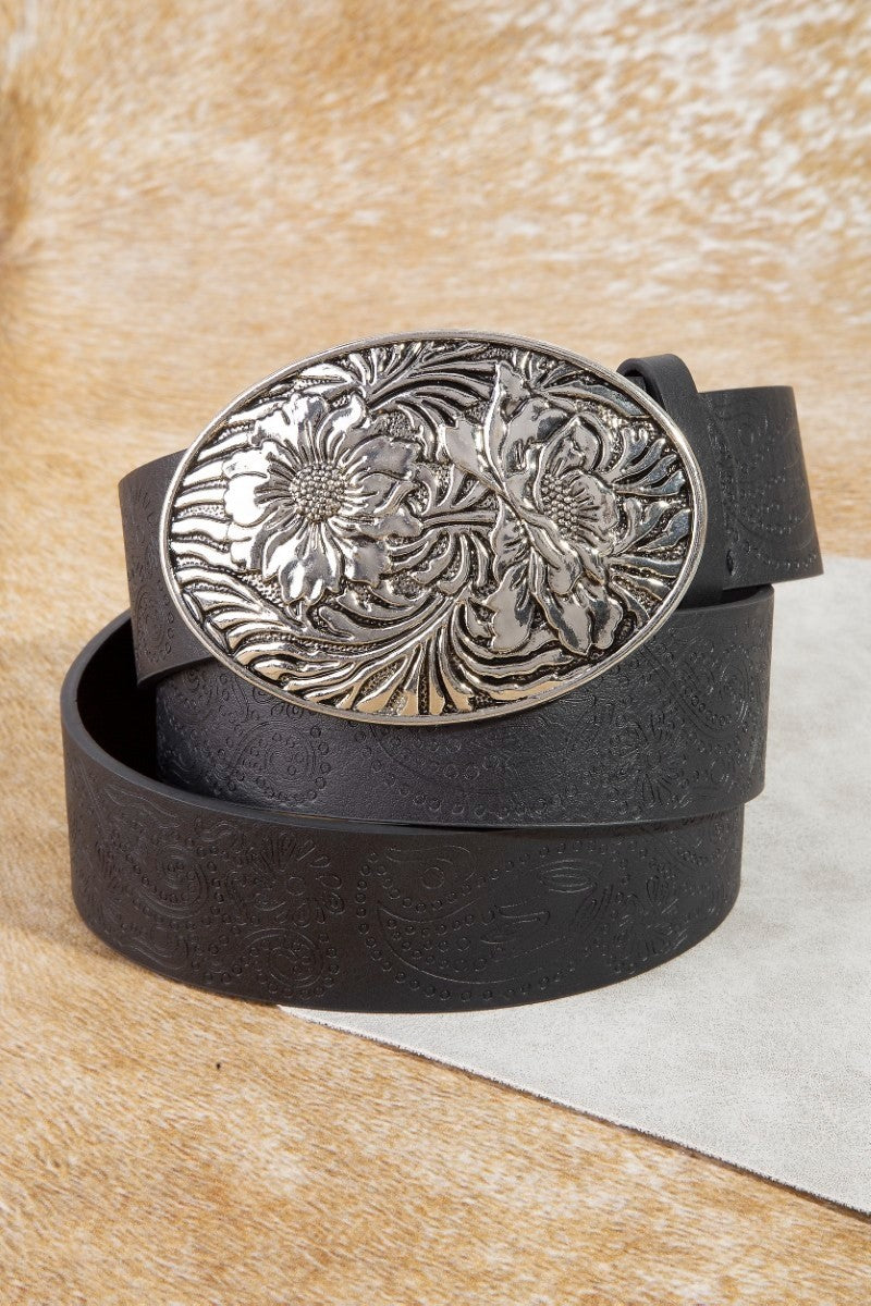 Floral Buckle Paisley Pattern Vegan Leather Belt