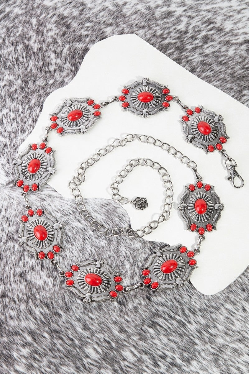Intricate Stone Studs Concho Western Chain Belt