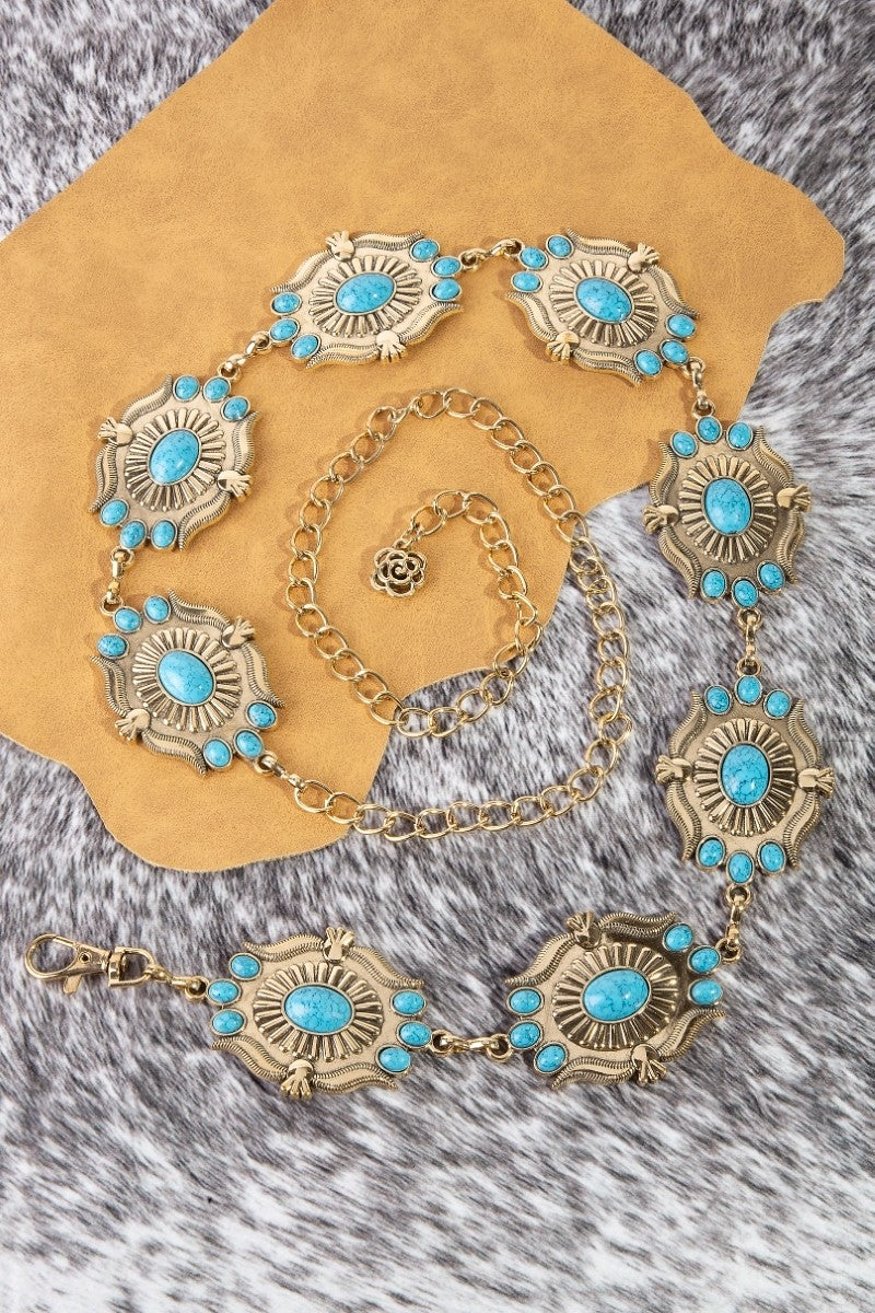 Intricate Stone Studs Concho Western Chain Belt