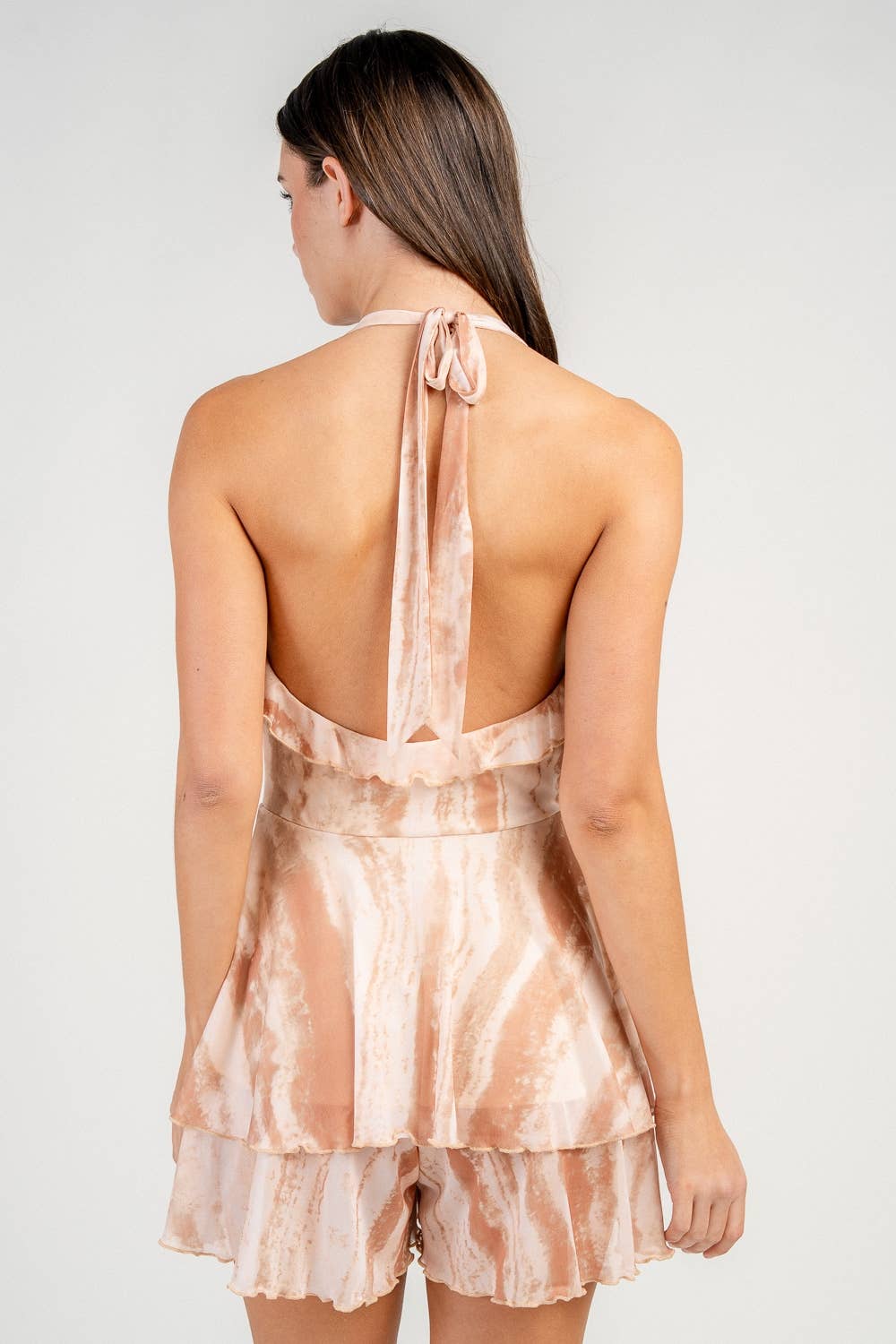 CJ40032N MESH HALTER DEEP V-NK RUFFLED ROMPER