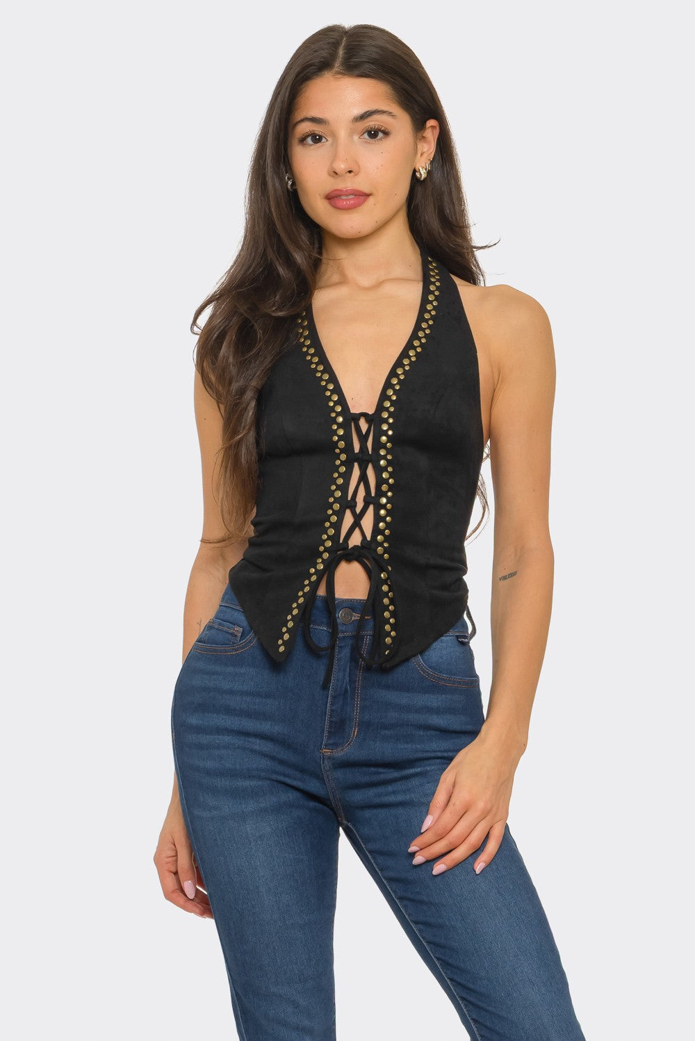 Tie Front Gold Studs Suede Top