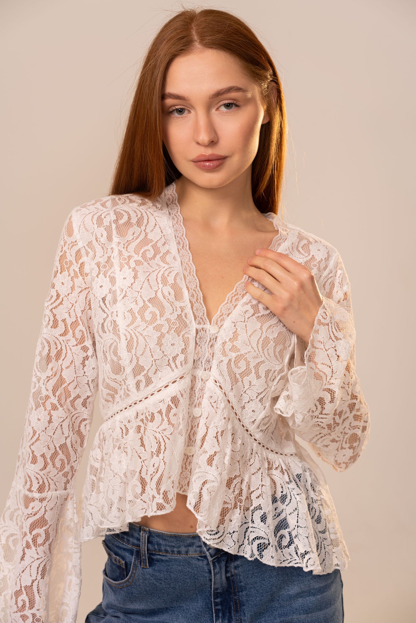 V-neck Peplum Lace Blouse