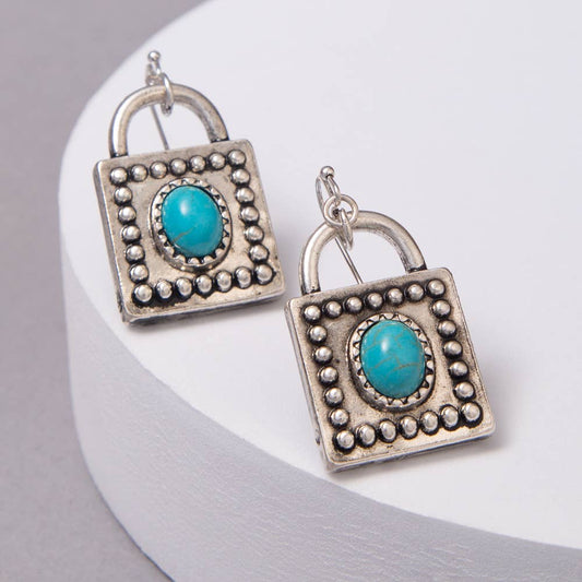 Western Turquoise Embellished Square Locket Dangle Earrings
