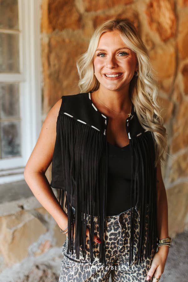 Black Stretch Suede Contact Buck-stitch Fringe Vest