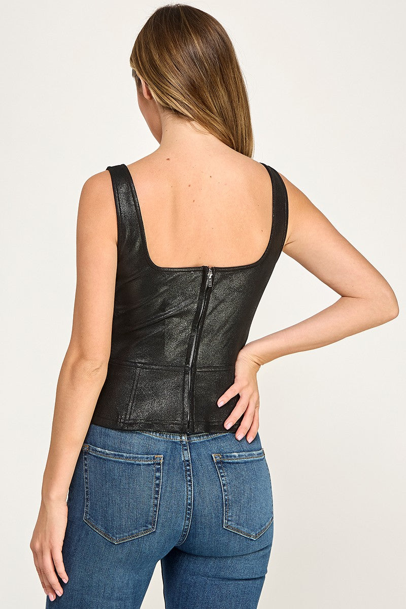 Faux Leather Lace-up Square Neckline Tank Top
