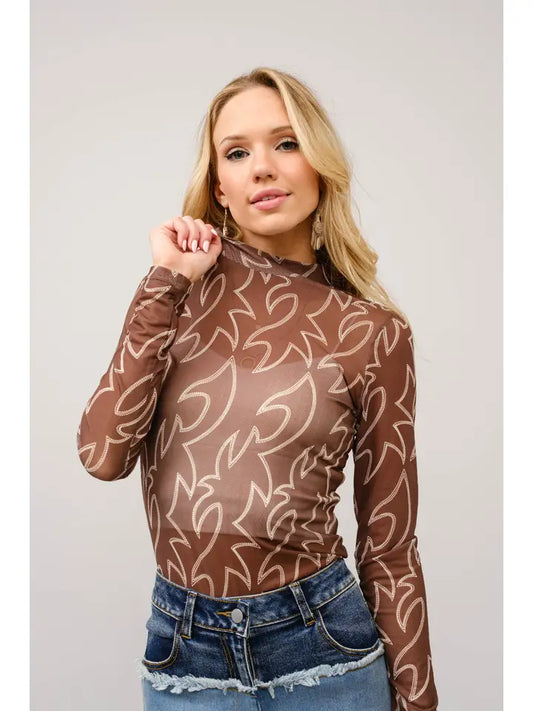 Boots Stitch Throughout Mesh Mock Neck Fitted Top