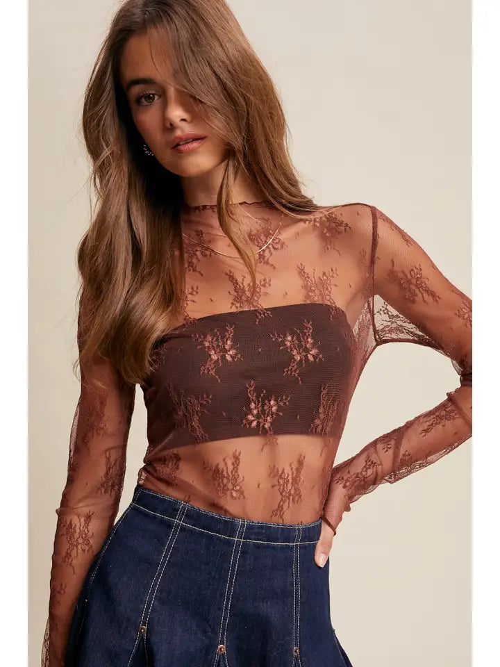 Sheer Lace Long-Sleeve Top LT1354