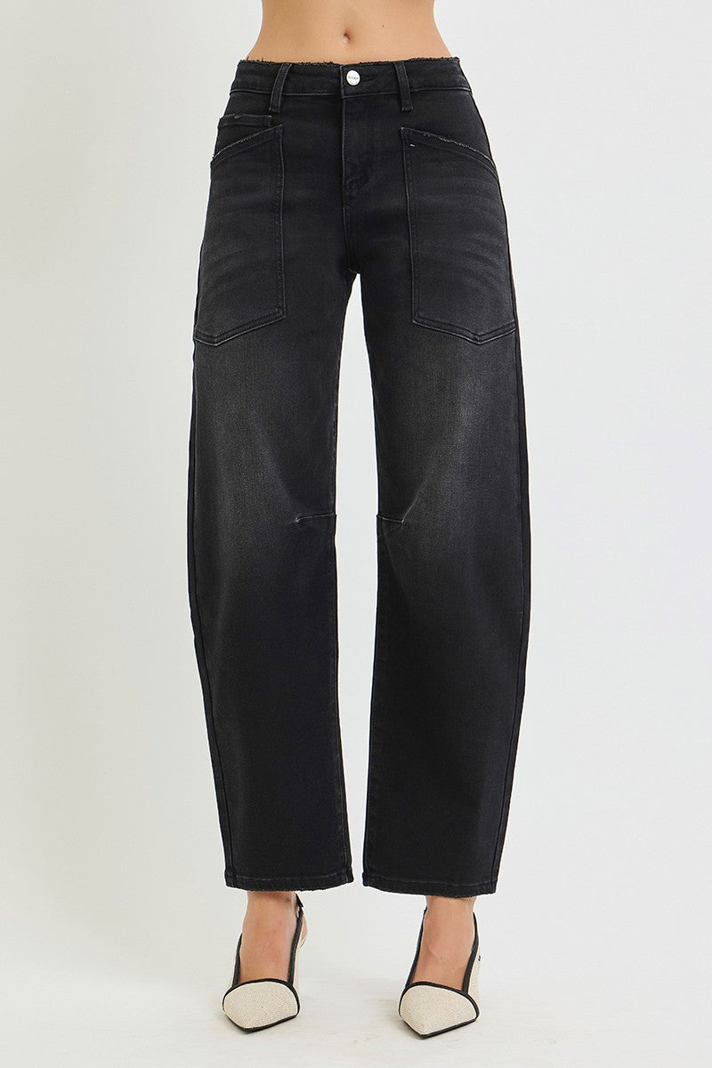 Mid Rise Barrel Patch Pocket Jeans