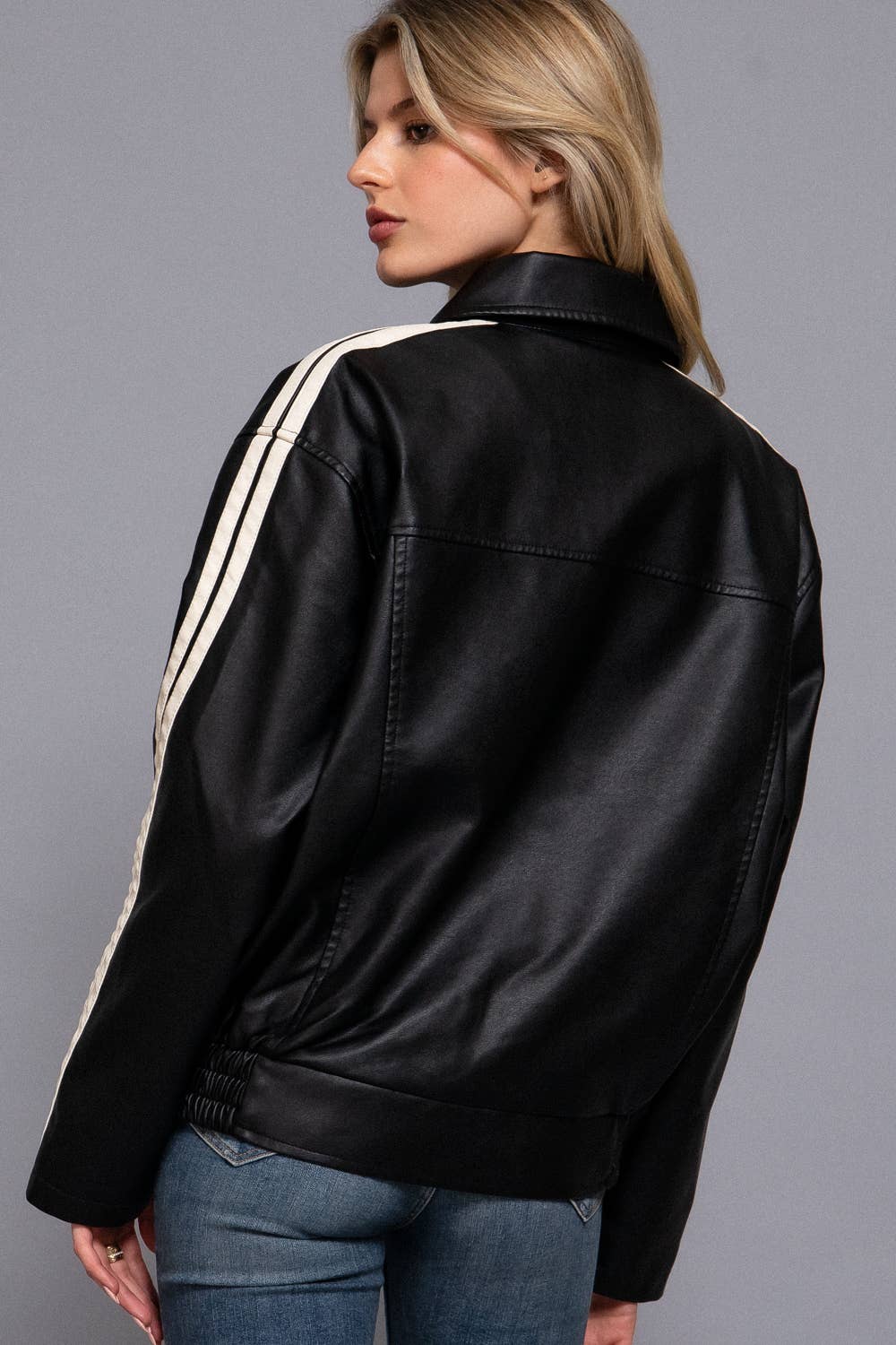 Long Sleeve Line Detail Faux Leather Jacket