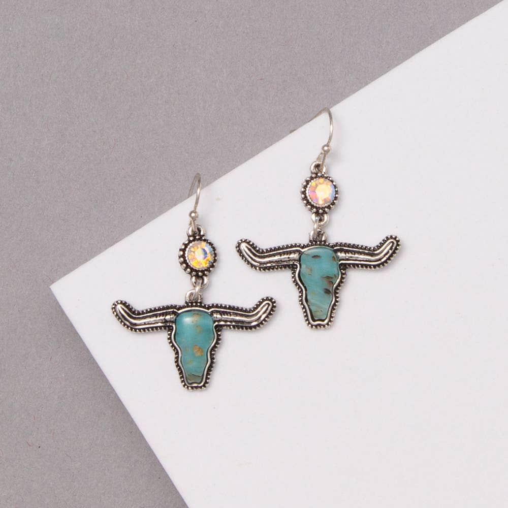 Western Turquoise Longhorn Dangle Earrings with Crystals