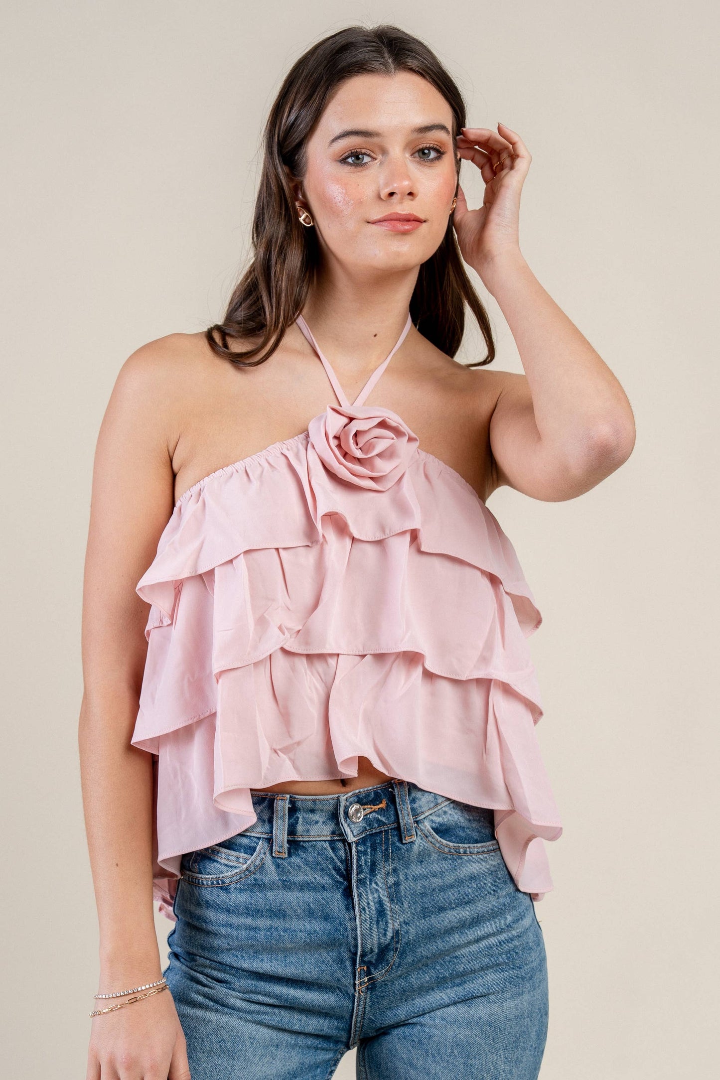 BT2635N ROSETTE HALTER NECK RUFFLED TIERED  TOP