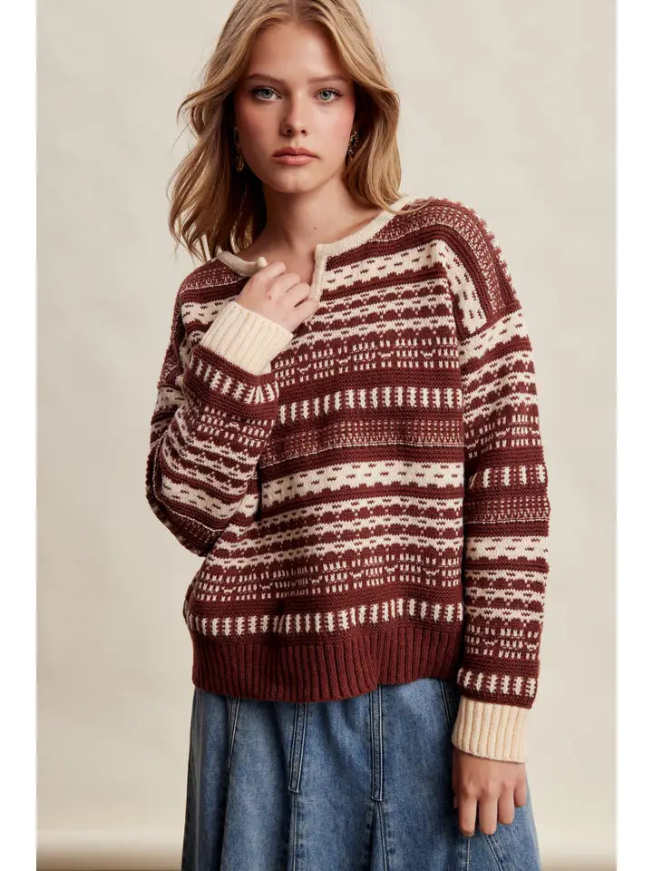Fair Isle Split Neck Knit Sweater