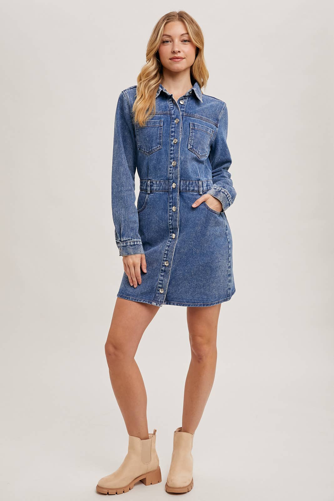 DENIM BUTTON DOWN SHIRT MINI DRESS