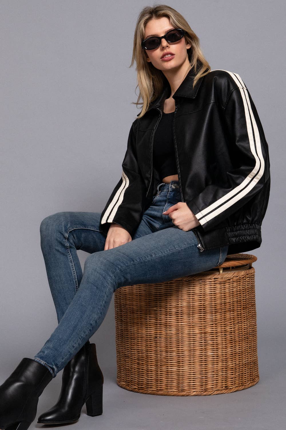 Long Sleeve Line Detail Faux Leather Jacket