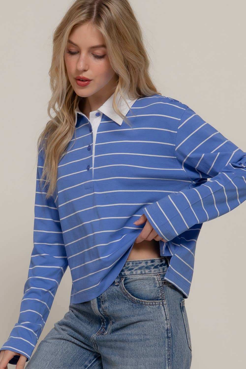 Long Sleeve Y/D Stripe Cotton Polo Shirt