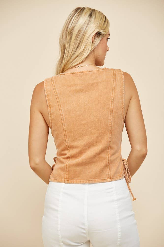 BOHO DENIM VEST TOP WITH LACE UP SIDES - W6402 RUST