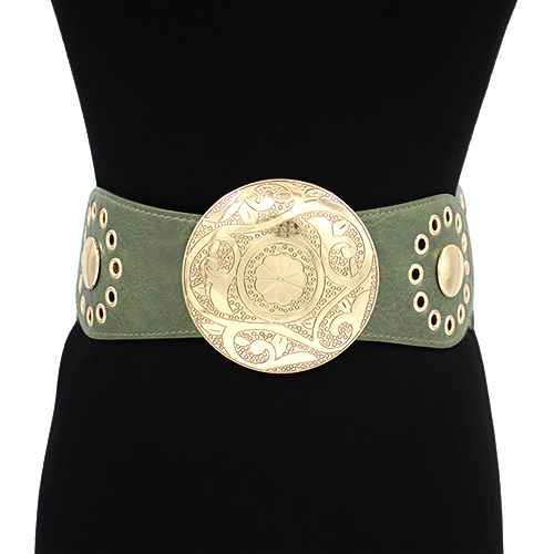 ENGRAVED ROUND WESTERN BUCKLE LEATHER ELASTIC BELT, KM 1647