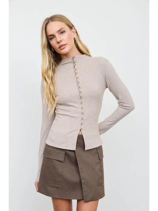 Button Front Mock Neck Long Sleeve Knit Top