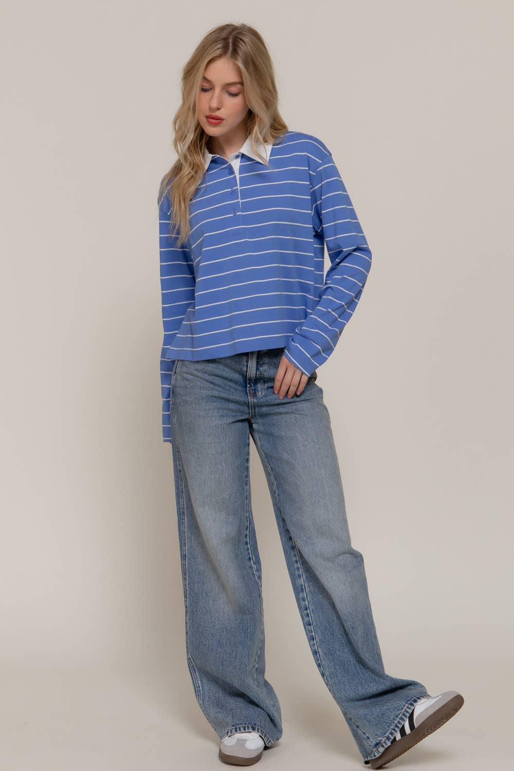 Long Sleeve Y/D Stripe Cotton Polo Shirt