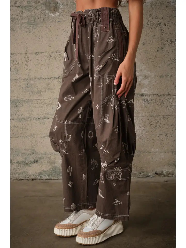 Western Print Cotton Cargo Pants