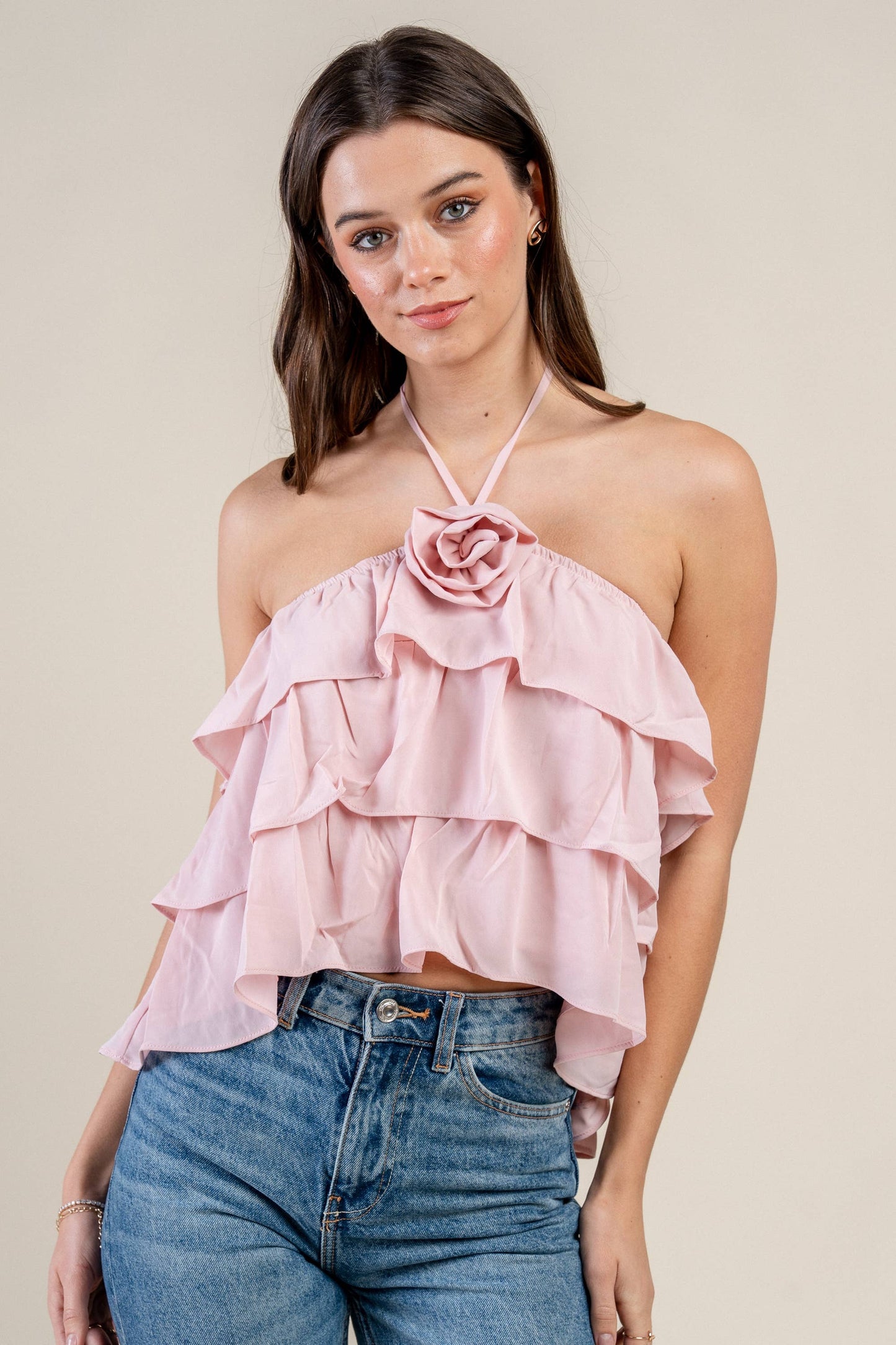 BT2635N ROSETTE HALTER NECK RUFFLED TIERED  TOP