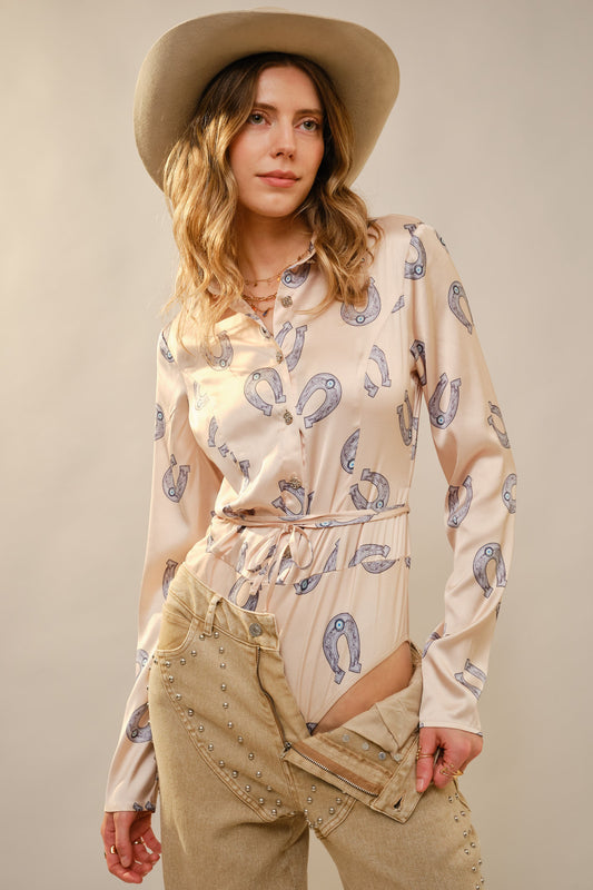 Western Motif Printed Button Down Bodysuit