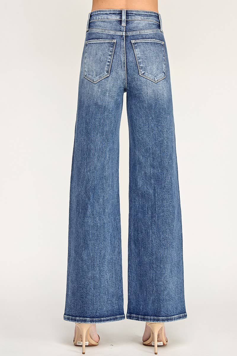 P1635W-MD DESTROYED HIGH RISE STRETCH SLIM PALAZZO WIDE LEG