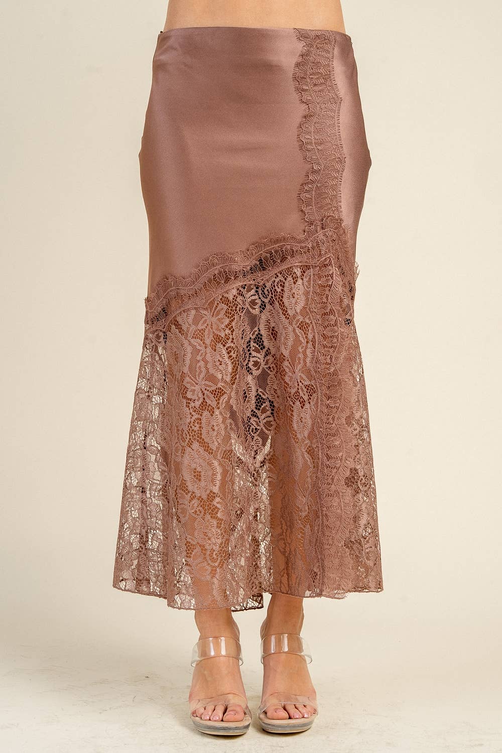 CB20107S SATIN MIDI SKIRT W/ LACE TRIM DETAIL