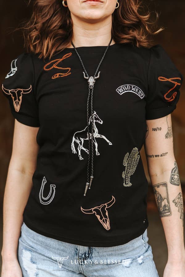 Black Western Contrast Embroidered Puff Sleeve Top