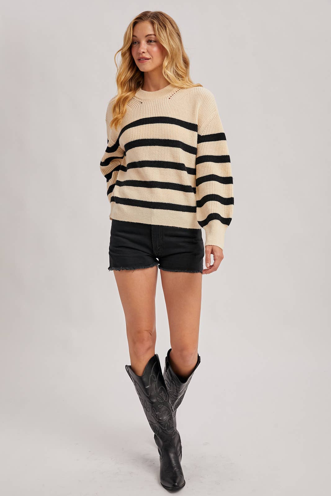 STRIPED CHUNKY RIB-KNIT SWEATER