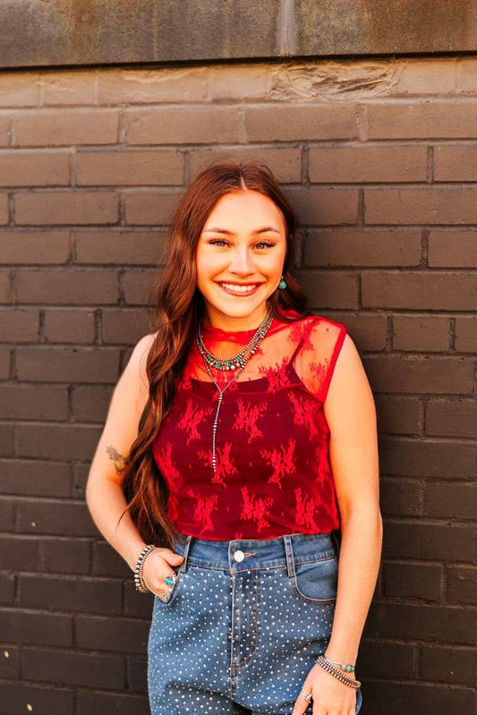 Red Lace Sleeveless Stretch Top