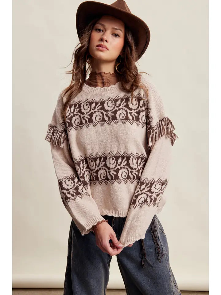 Western Fringe Pattern Knit Sweater