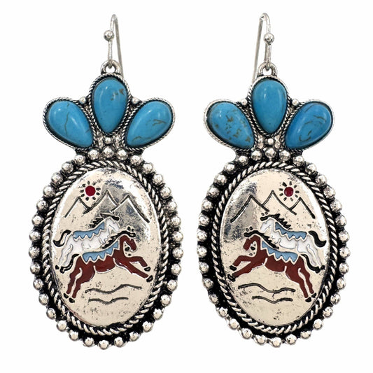 Western Horse Art Turquoise Stone Floral Earrings