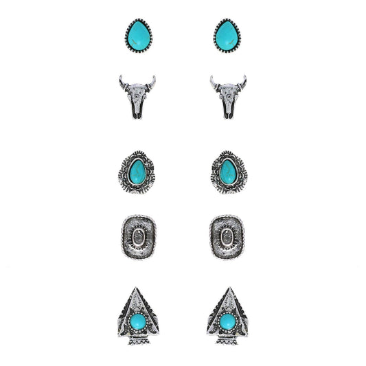 Western Theme Assorted 6 Pair Stud Earring Set