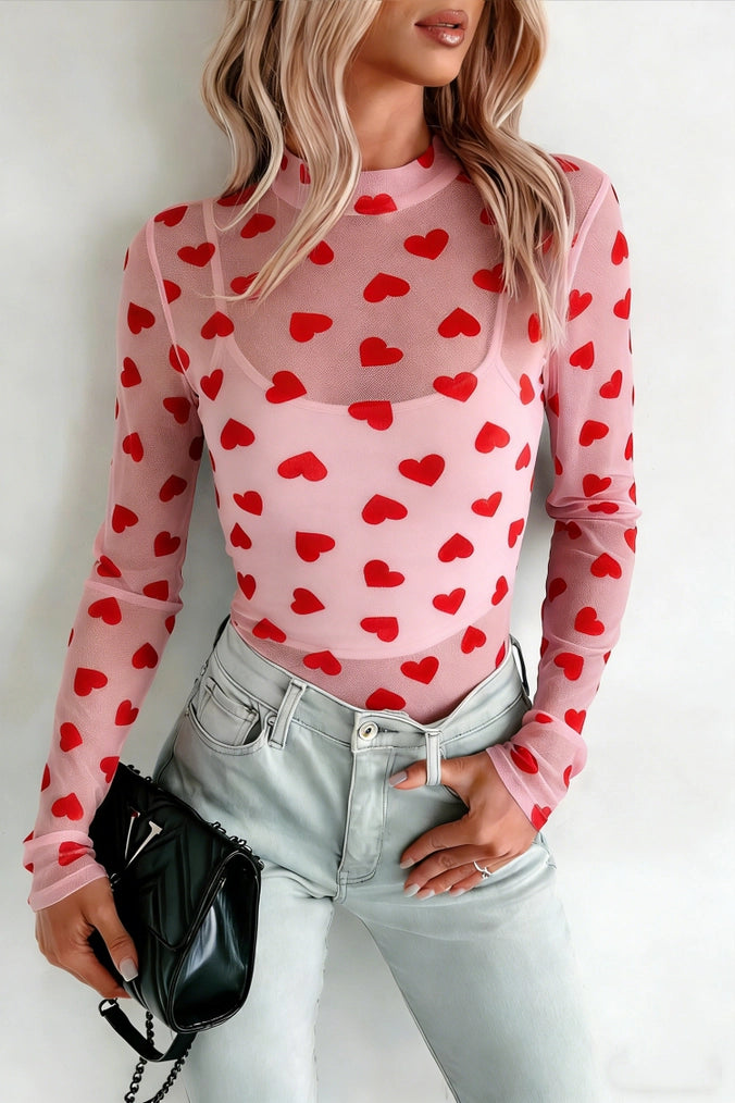 Las Valentines Heart Sheer Mesh Long Sleeve Top