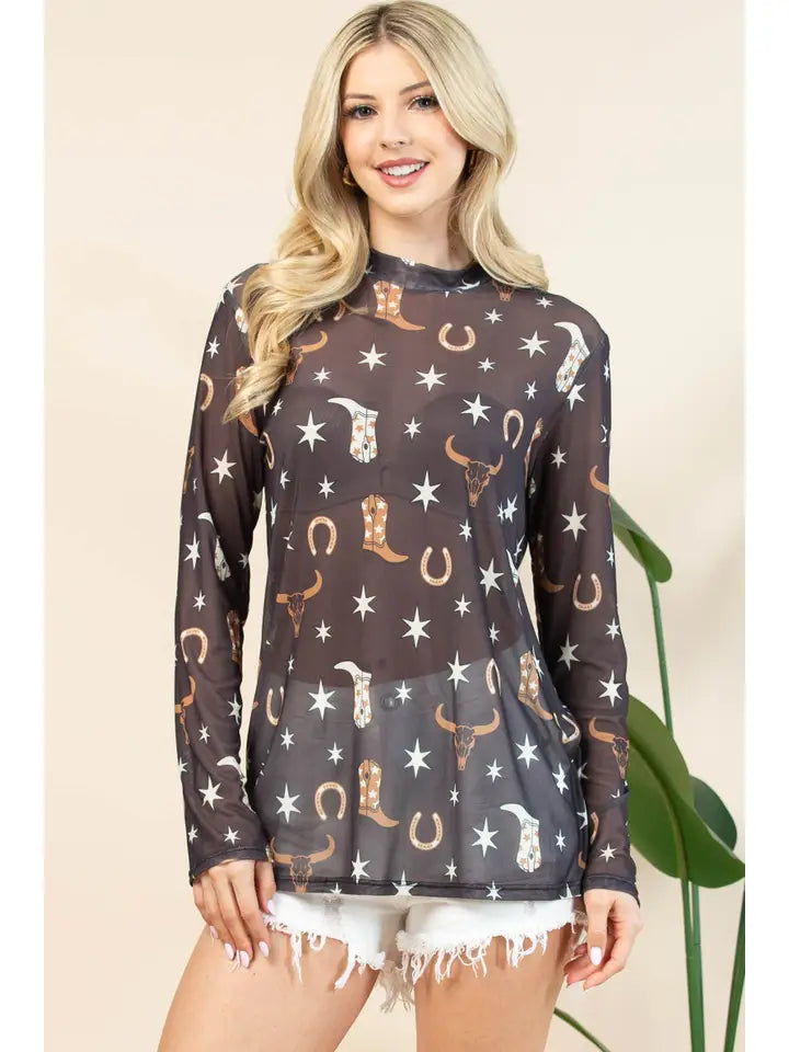 AYLA Western Elements Print Semi Sheer Mesh Top-Ayla