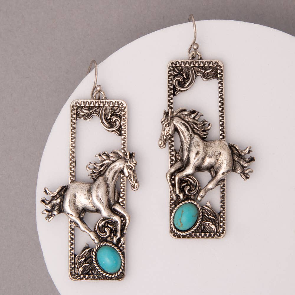 Western Turquoise Embellished Wild Horse Dangle Earrings