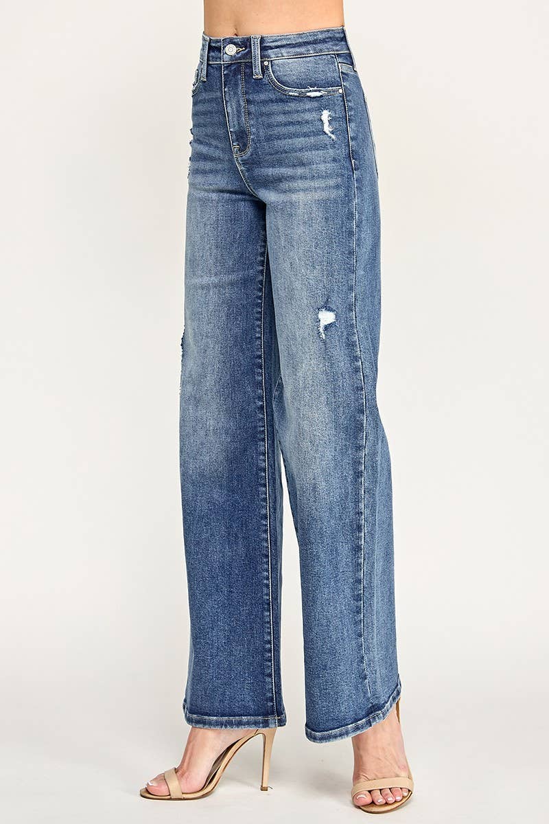 P1635W-MD DESTROYED HIGH RISE STRETCH SLIM PALAZZO WIDE LEG