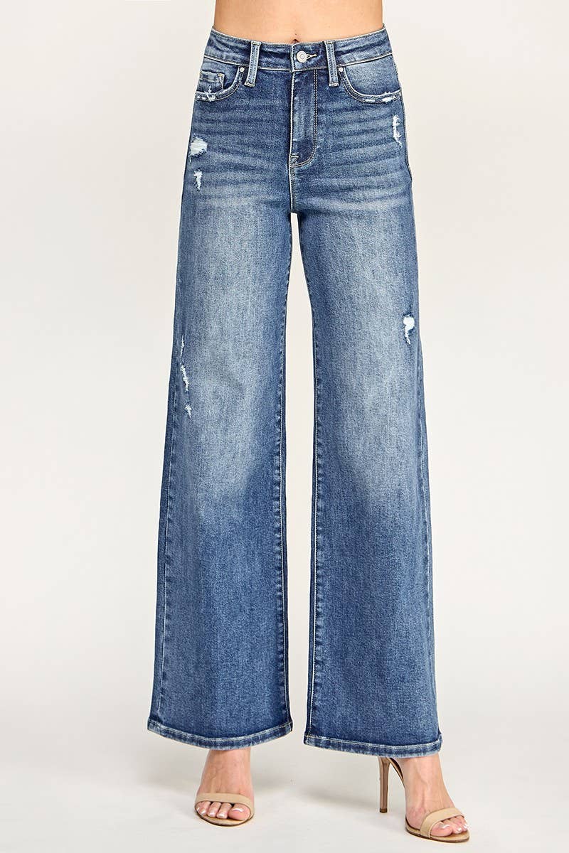 P1635W-MD DESTROYED HIGH RISE STRETCH SLIM PALAZZO WIDE LEG