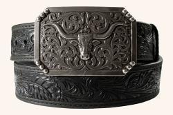 3D Mens Belt 1 1/2 Floral Embossed Long Horn Buckle Black
