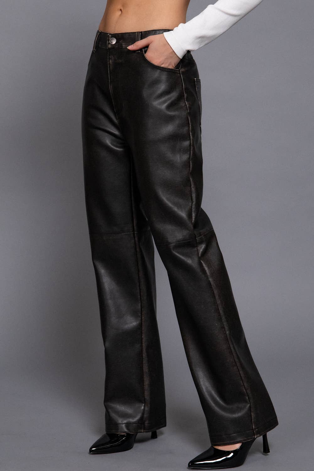 Washed Faux Leather Long Pants