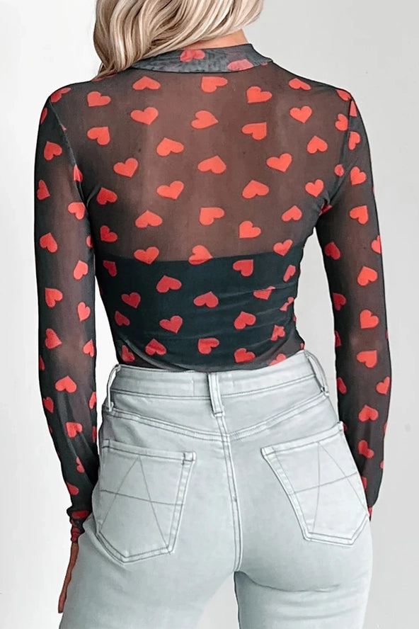 Las Valentines Heart Sheer Mesh Long Sleeve Top