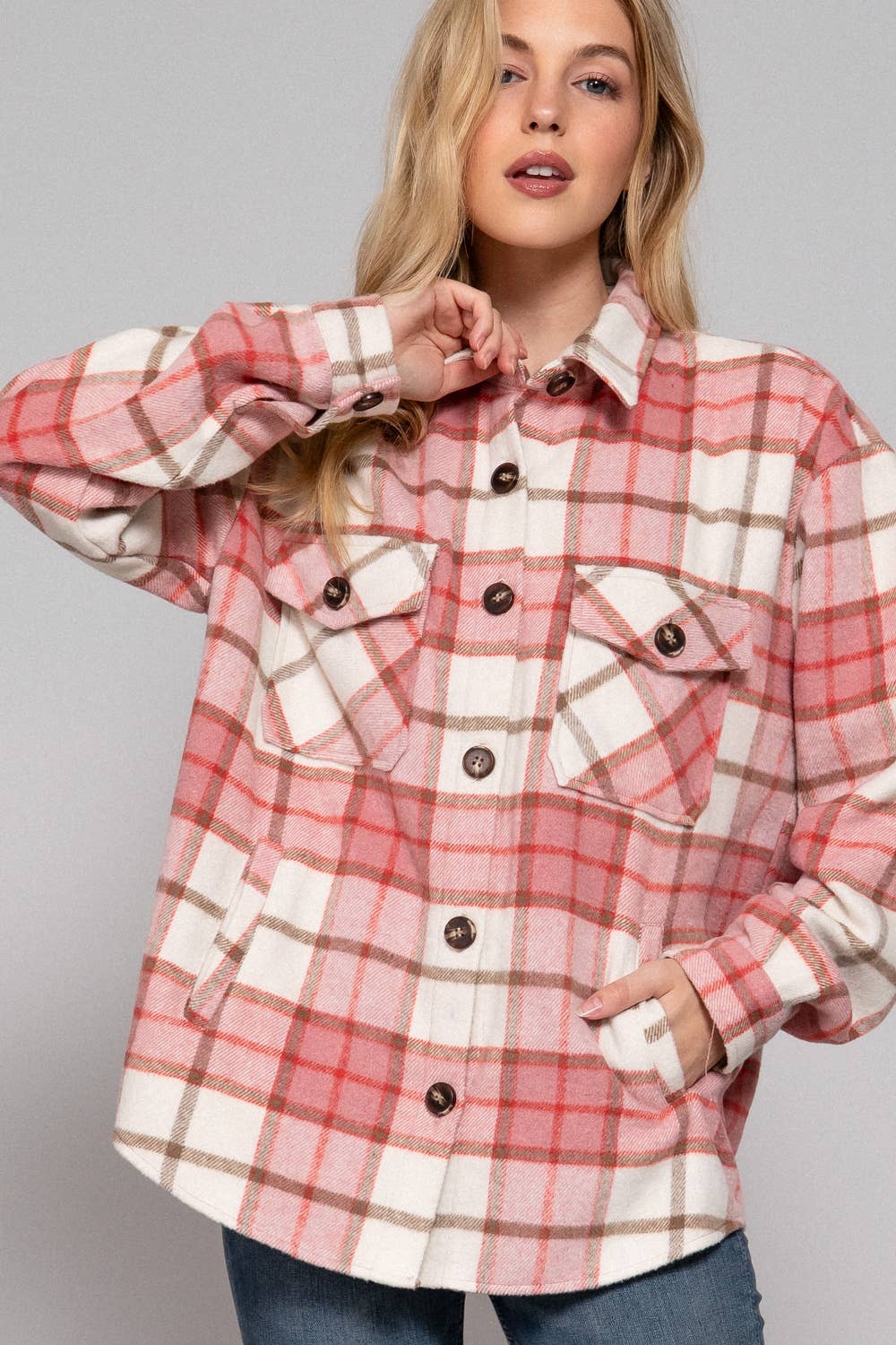Long Sleeve Wool Blend Plaid Button Down Casual Jacket