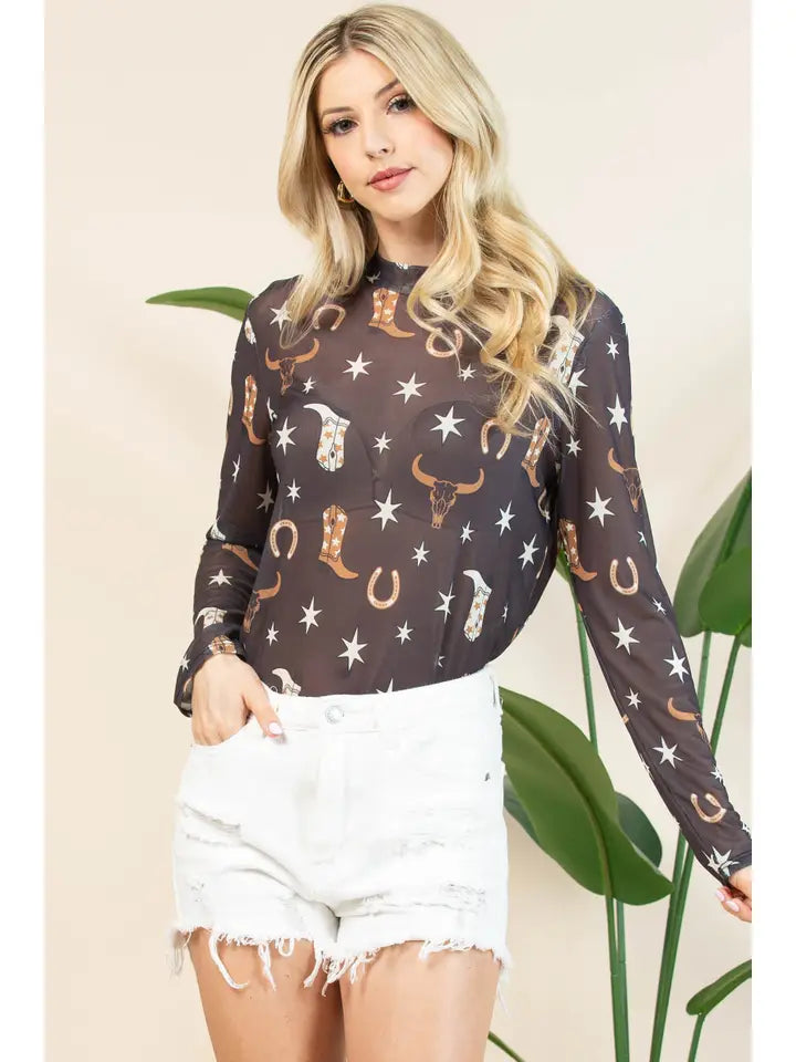 AYLA Western Elements Print Semi Sheer Mesh Top-Ayla