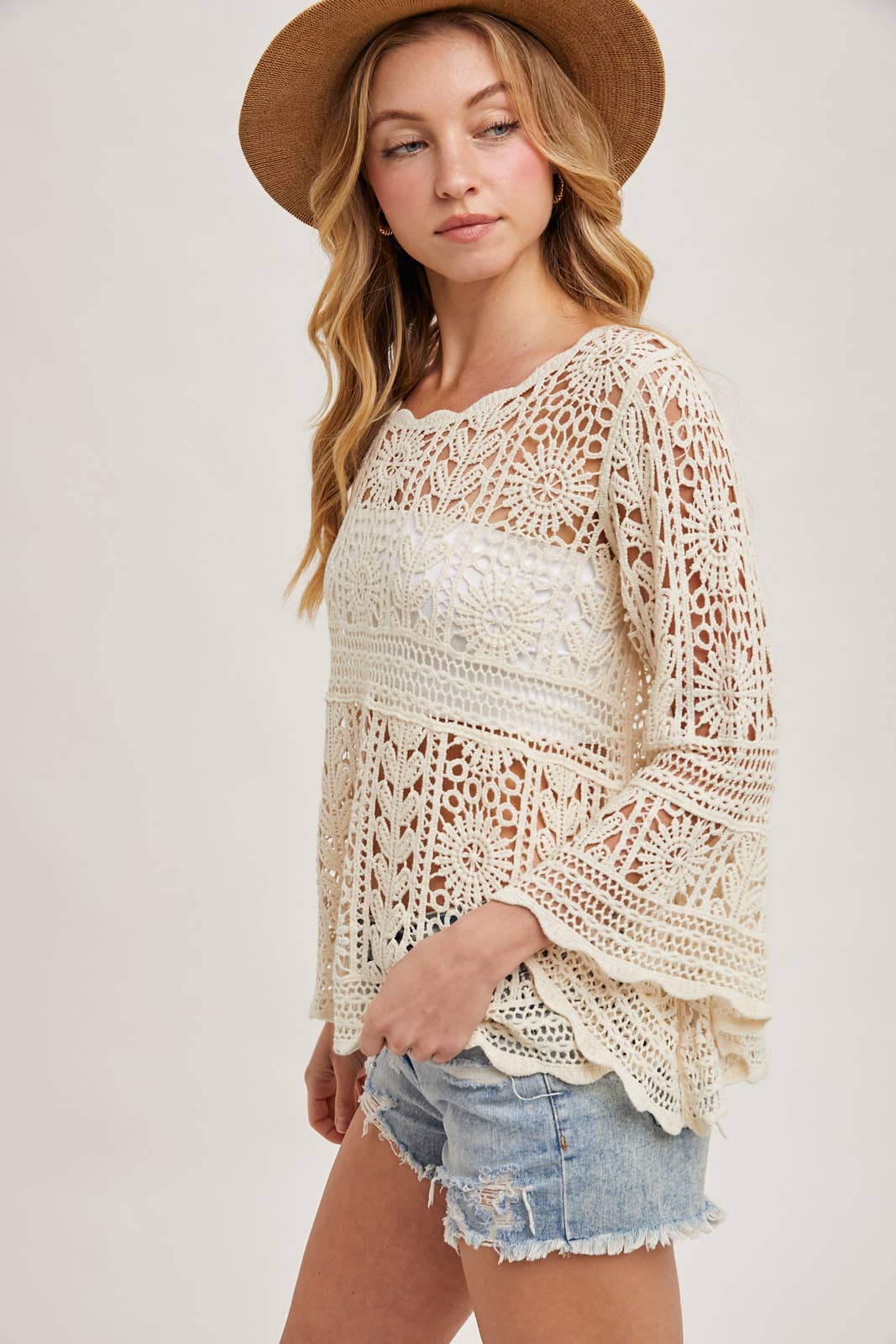 CROCHET SHEER BELL-SLEEVE PULLOVER TOP