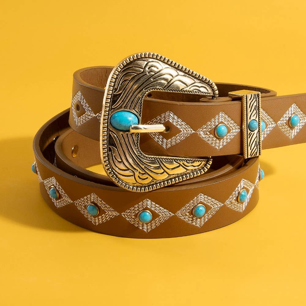 Western Embroidered Buckle Pattern Faux Leather Belt