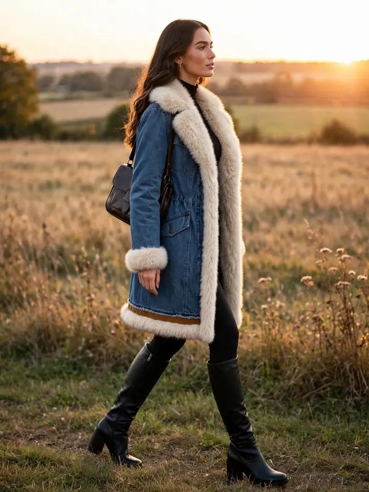 Denim Faux Fur Long Coat